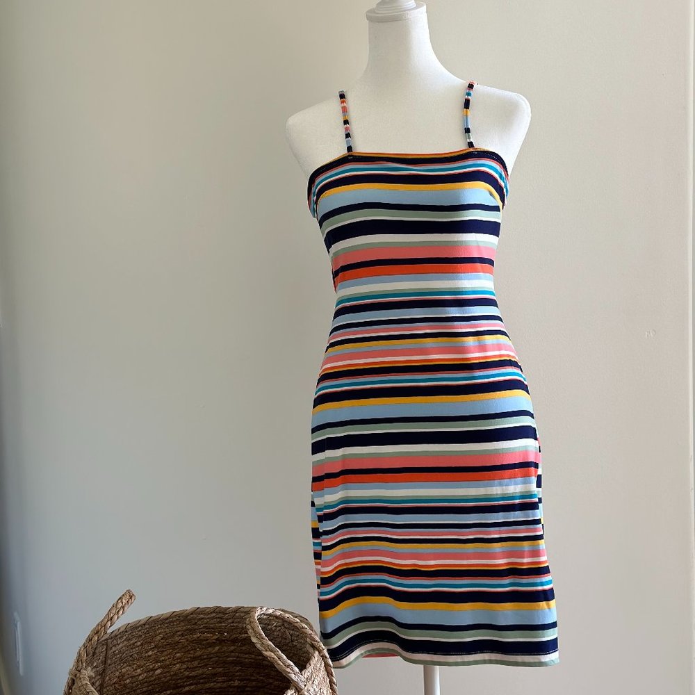 POOF NEW YORK SUN DRESS OPEN TIE BACK STRIPED JERSEY BLUE ORANGE BLACK SIZE M